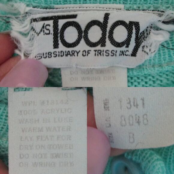 80s/90s Vintage Ms Today Mint Green Pointelle Cardigan Sweater Set Size 2 Pastel - Picture 10 of 16